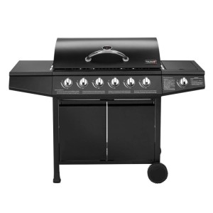 Schwarzer Taino Basic 6+1 Gasgrill mit 6 Brennern, Seitenkocher, Ablagen und Unterschrank auf Rollen.
