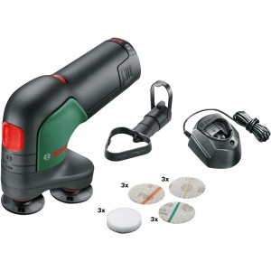 Bosch EasyCurvSander 12 V Akku-Schleifer mit Akku, Ladegerät und Schleifscheiben.
