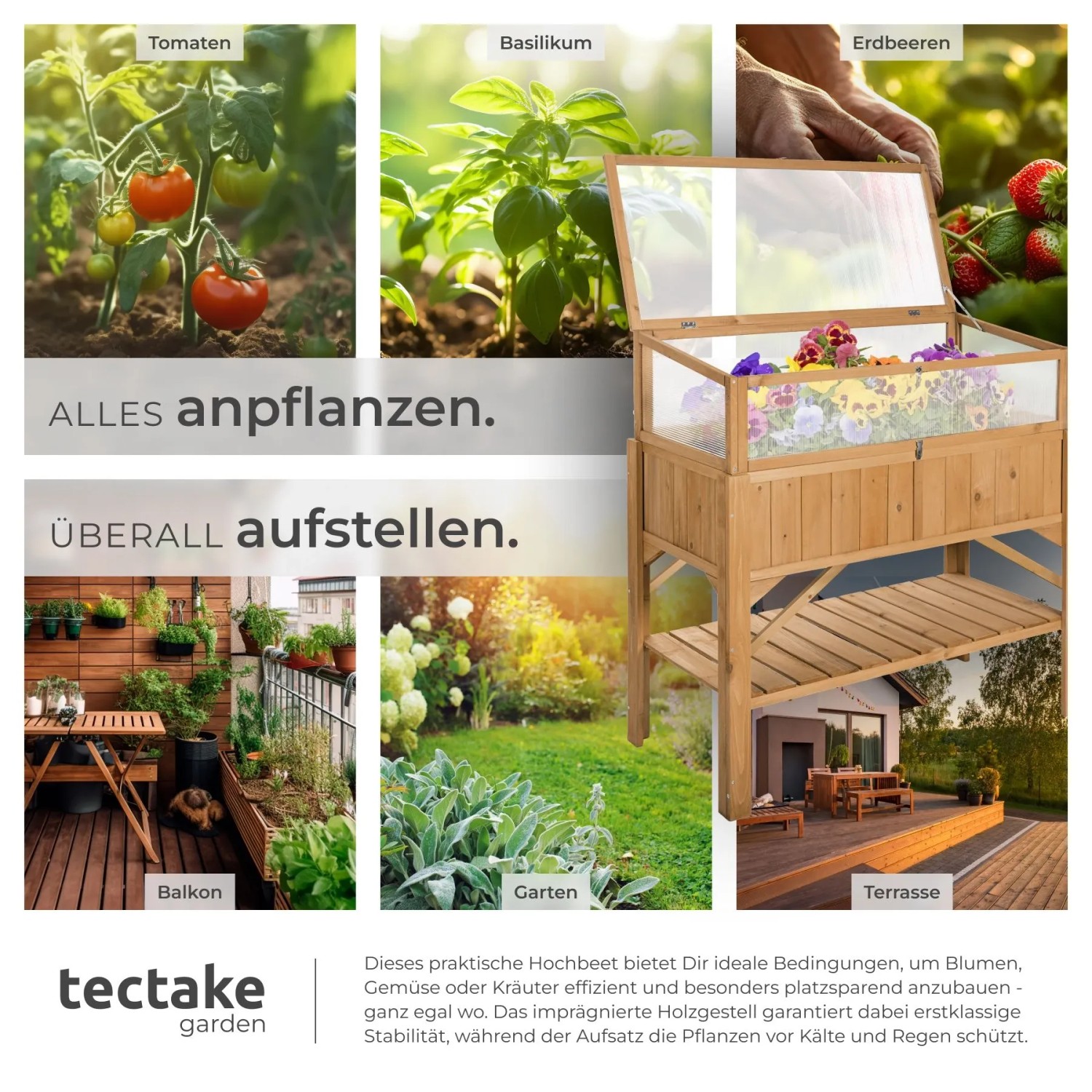 Tectake Hochbeet  Aus Holz  Mit Ablage und Frühbeet Aufsatz Witterungsbeständig  119 x 57 x 90 cm Braun_5
