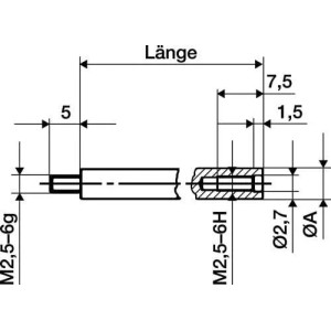 Technische Zeichnung des KÄFER Verlängerungsstücks Messbolzen 100mm, 4mm Durchmesser für Messuhren. Zeigt detaillierte Maße und Gewinde.
