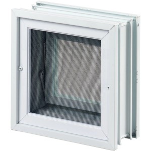 Weißes Lüftungsfenster 239x239 mm mit Fliegengitter für Glasbausteine.