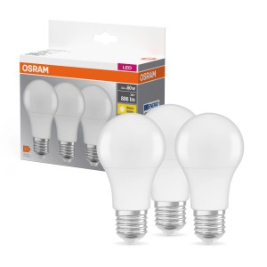Osram LED E27 Leuchtmittel 3er Set, 8,5W, Glühlampenform, warmweißes Licht.