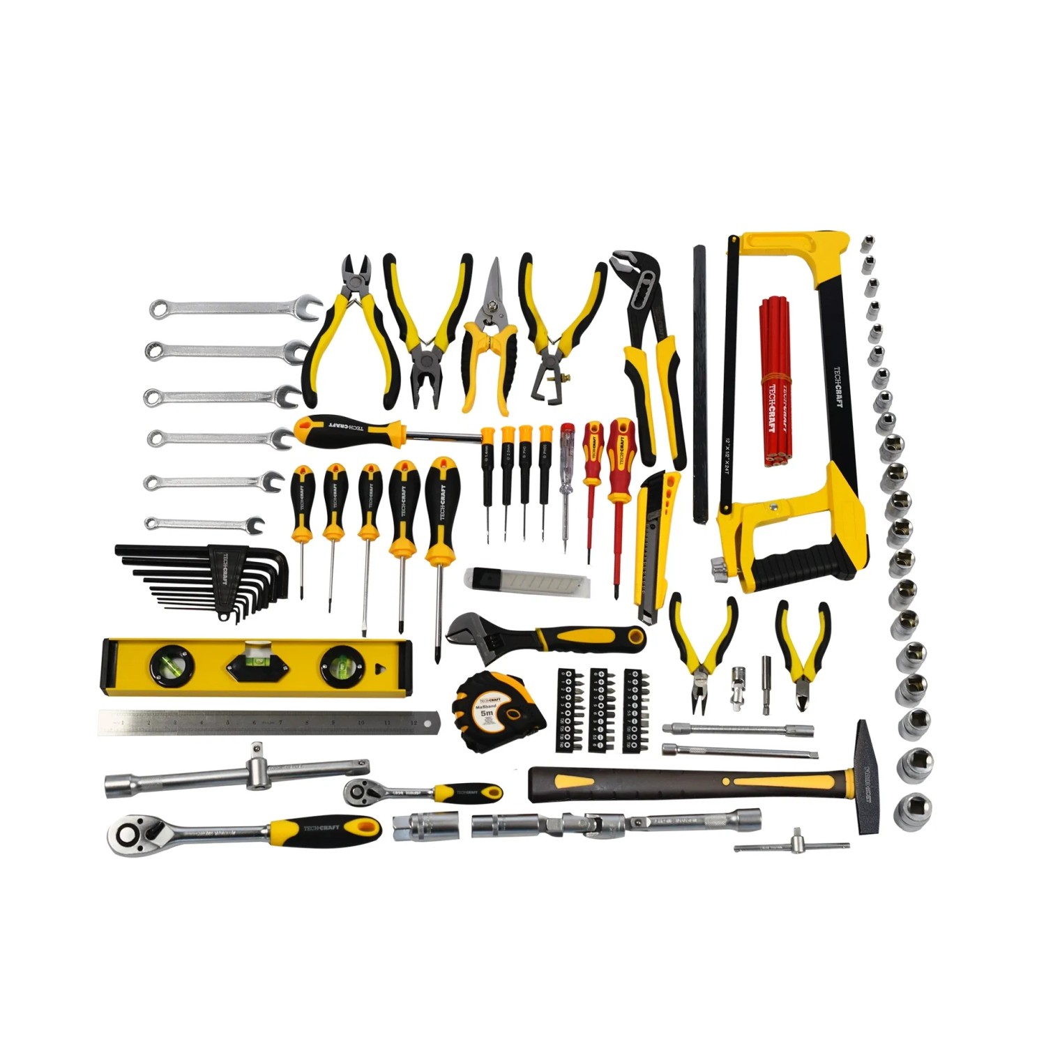 TECH-CRAFT Werkzeugkoffer, 130-teilig, mit Hammer, Schraubenschlüssel, Zangen, Schraubendrehern und Säge.