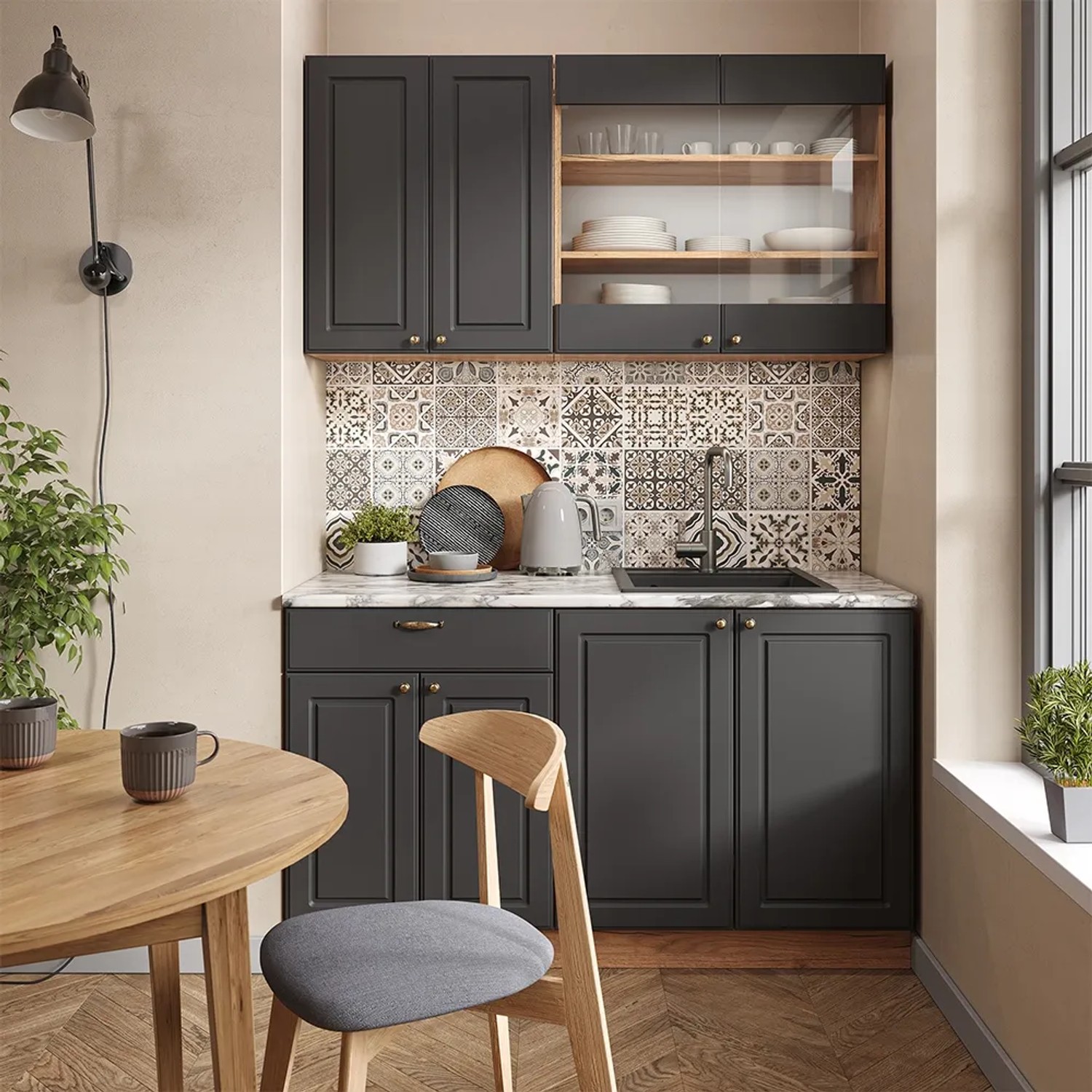 Vicco Singleküche Fame-Line in Anthrazit/Eiche mit Marmor-Arbeitsplatte, 140 cm breit.