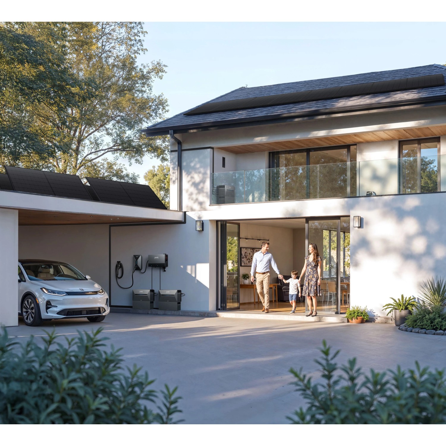 Anker Solix Solarbank mit Power Dock, Solarpanelen, E-Auto und Familie vor modernem Haus. Balkonkraftwerk.