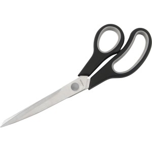 Tapezierschere mit schwarzem Griff und langen, silbernen Klingen.