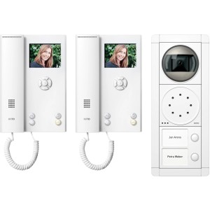 Ritto Video-Set für 2 Wohneinheiten in Weiß: 2 Innenstationen mit Display und 1 Außenstation mit Kamera.