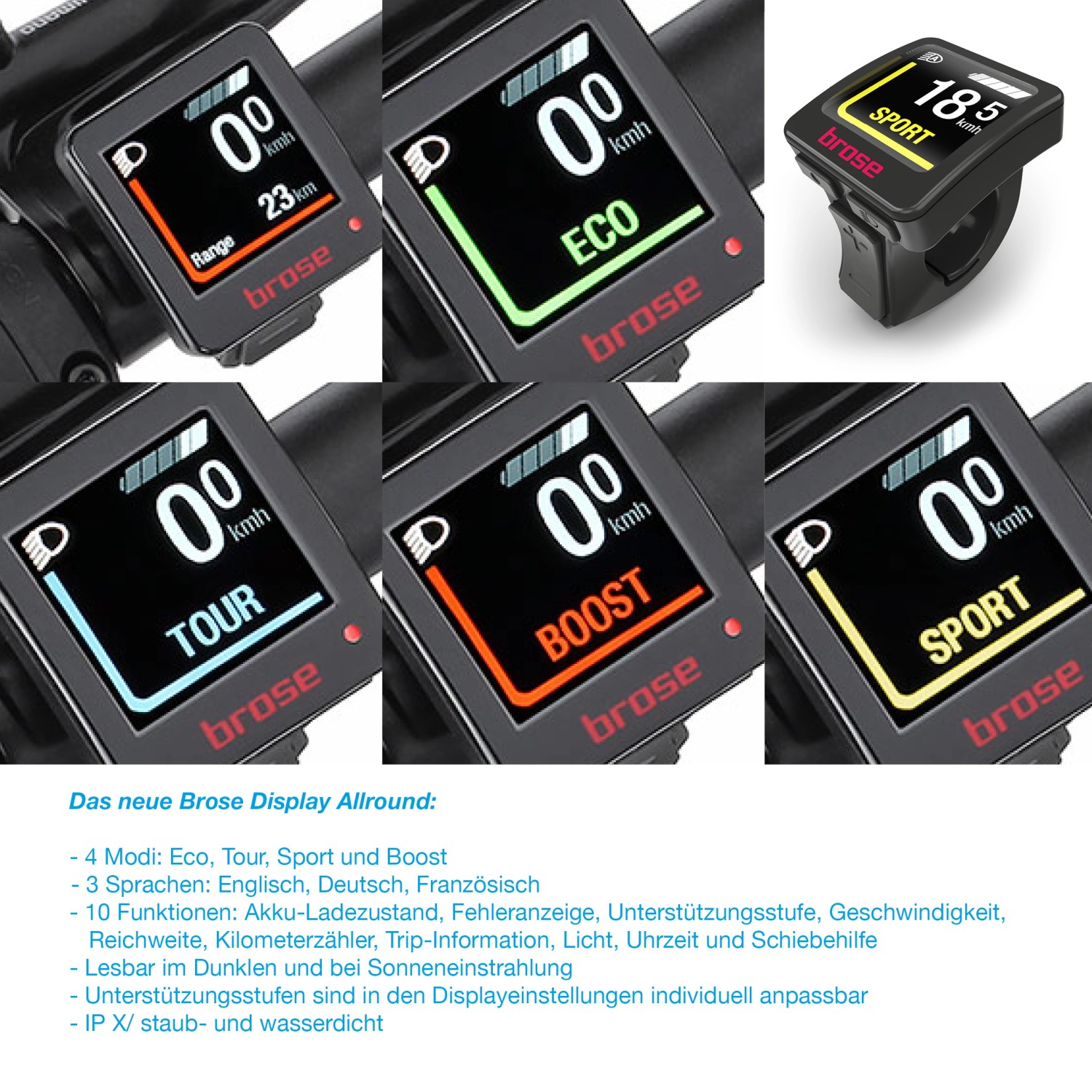 Display des Fischer E-Bike Mountainbike Montis 6.0i mit verschiedenen Fahrmodi.