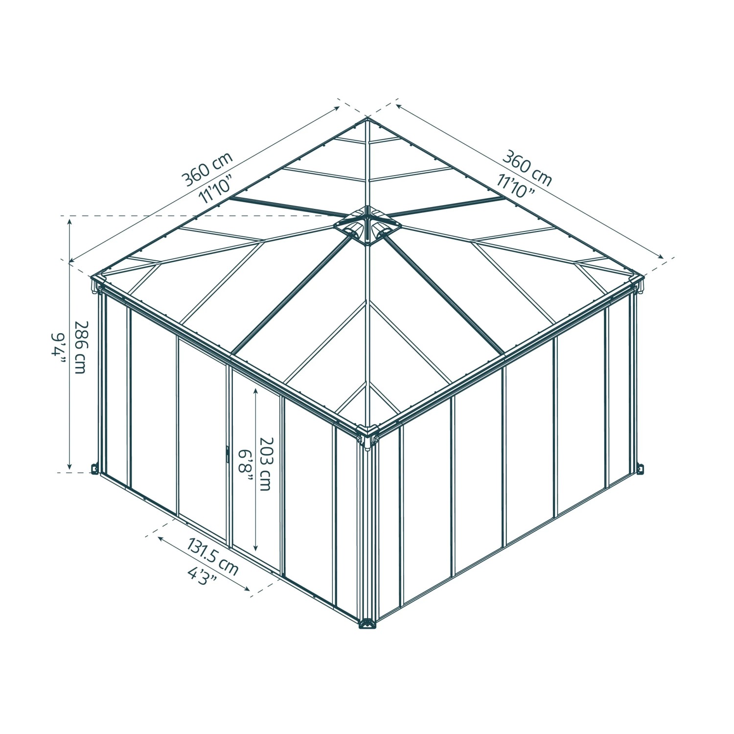 Technische Zeichnung: Canopia Ledro 3.6x3.6 Pavillon, geschlossene Bauweise, Maße und Details.