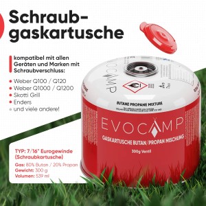 Evocamp Gaskartusche 300g, 4er-Pack. Schraubkartusche für Campingkocher & Gasgrills wie Weber Q100.