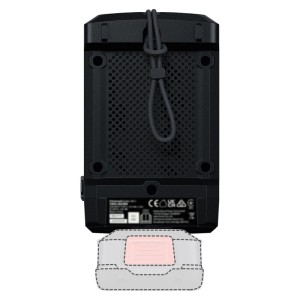 Rückseite des Bosch UniversalSpeaker 18V-1 Akku-Bluetooth-Lautsprechers mit Gitter und 18V-Akku-Anschluss.