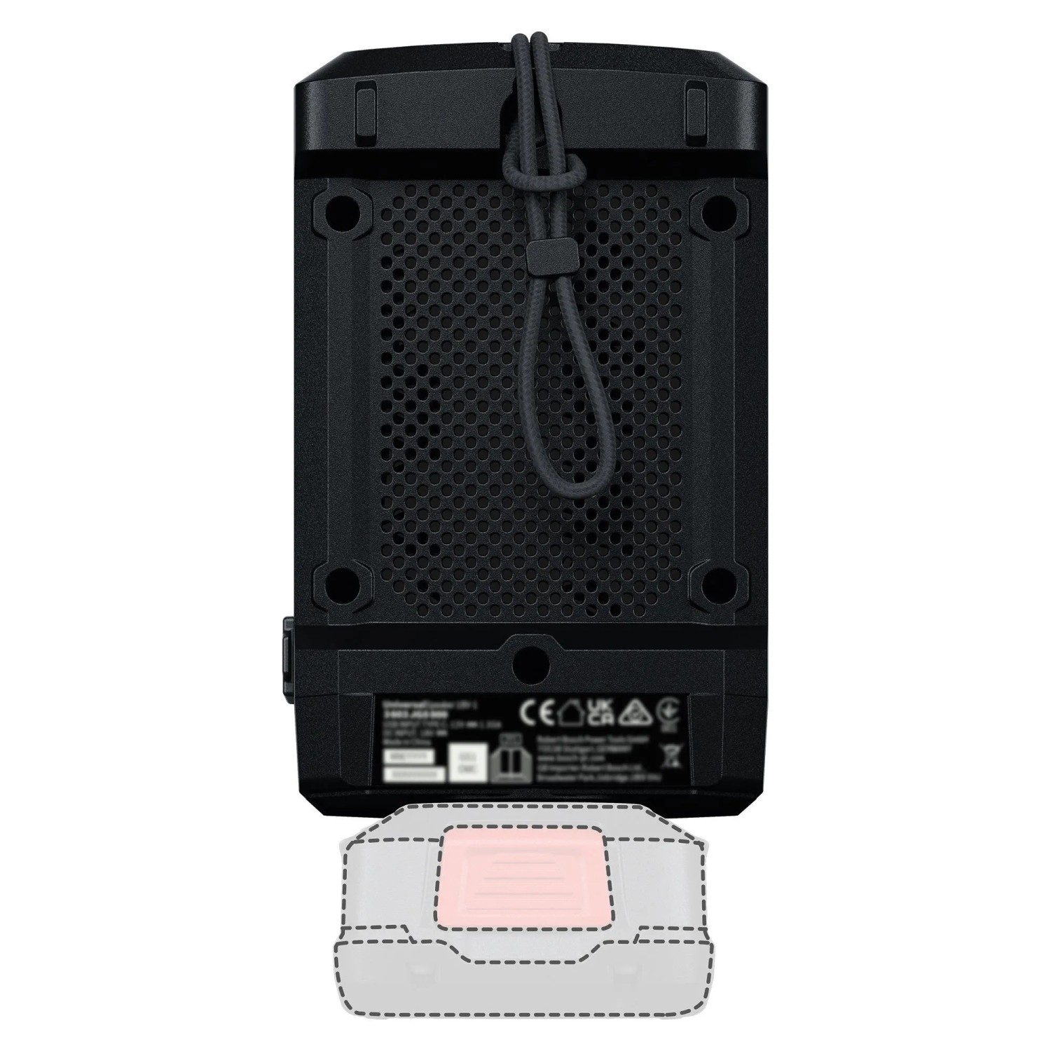Rückseite des Bosch UniversalSpeaker 18V-1 Akku-Bluetooth-Lautsprechers mit Gitter und 18V-Akku-Anschluss.