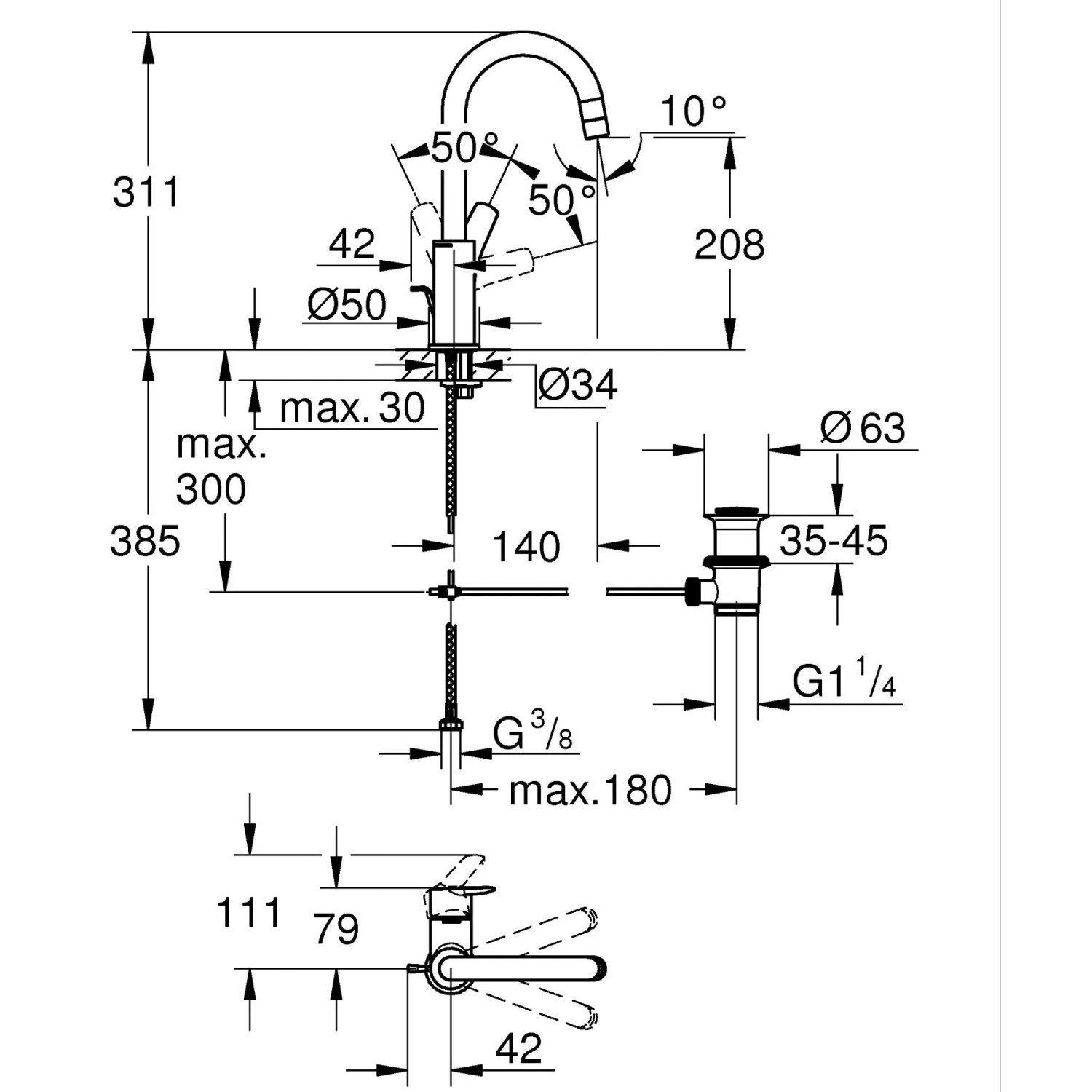 Technische Zeichnung: Grohe QuickFix Start L-Size Waschtischarmatur mit Maßangaben für Installation.