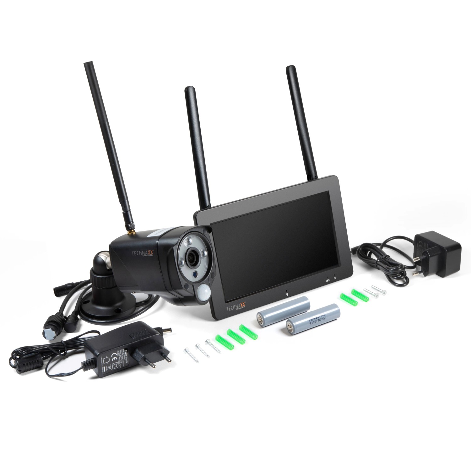 Technaxx Überwachungskamera-Set TX-128 mit Touchscreen, Full HD Kamera, Zubehör und Netzteil.