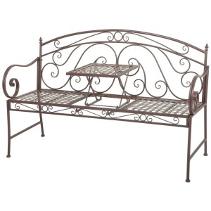 Braune 2-Sitzer Gartenbank Saket aus Metall mit hochklappbarem Tisch und Zierornamenten.