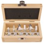 Makita Fräser-Set 6-teilig mit 8 mm Schaft in offener Holzkiste. Verschiedene Hartmetall-Fräser für Holzarbeiten.