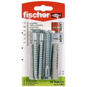 Fischer Universaldübel UX 10x60 SK mit Schrauben, 4 Stück, für alle Baustoffe.