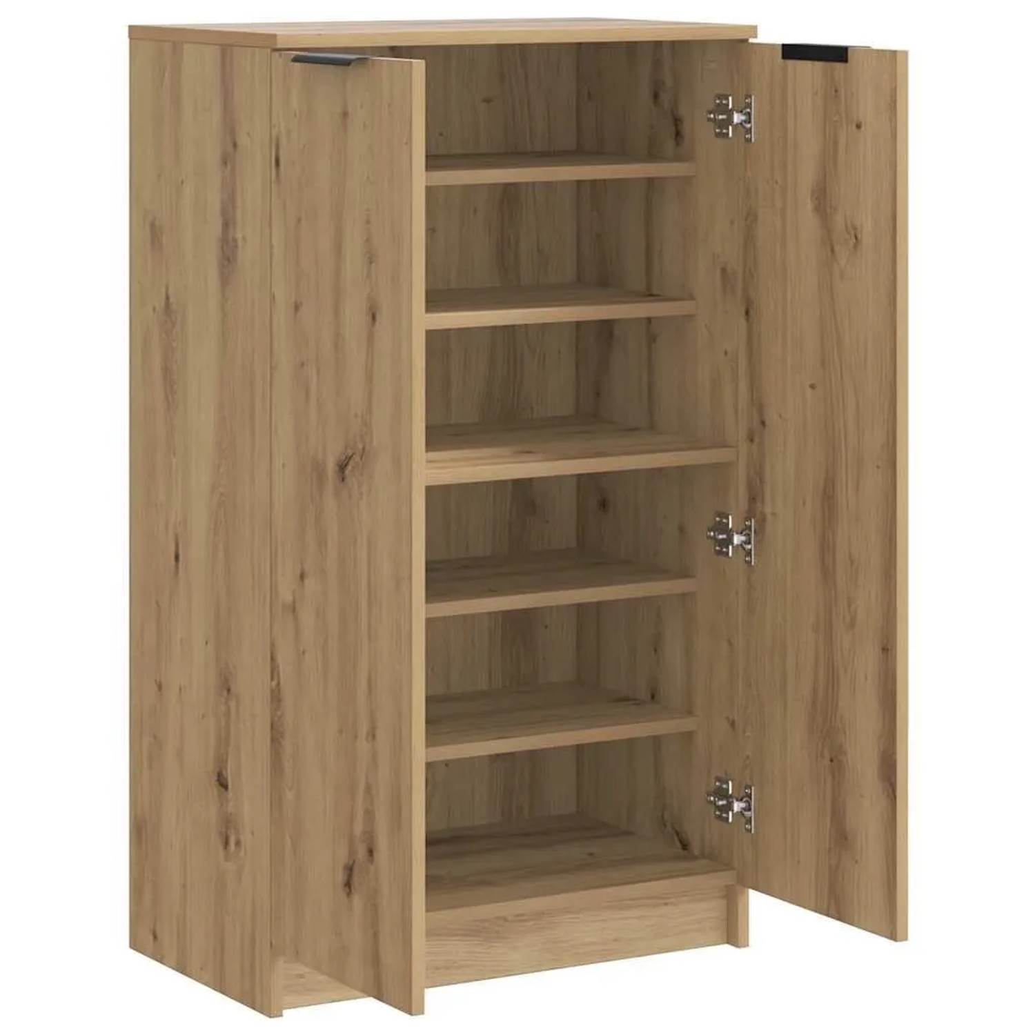 vidaXL Schuhschrank in Artisan-Eiche mit offenen Türen und mehreren Regalfächern.