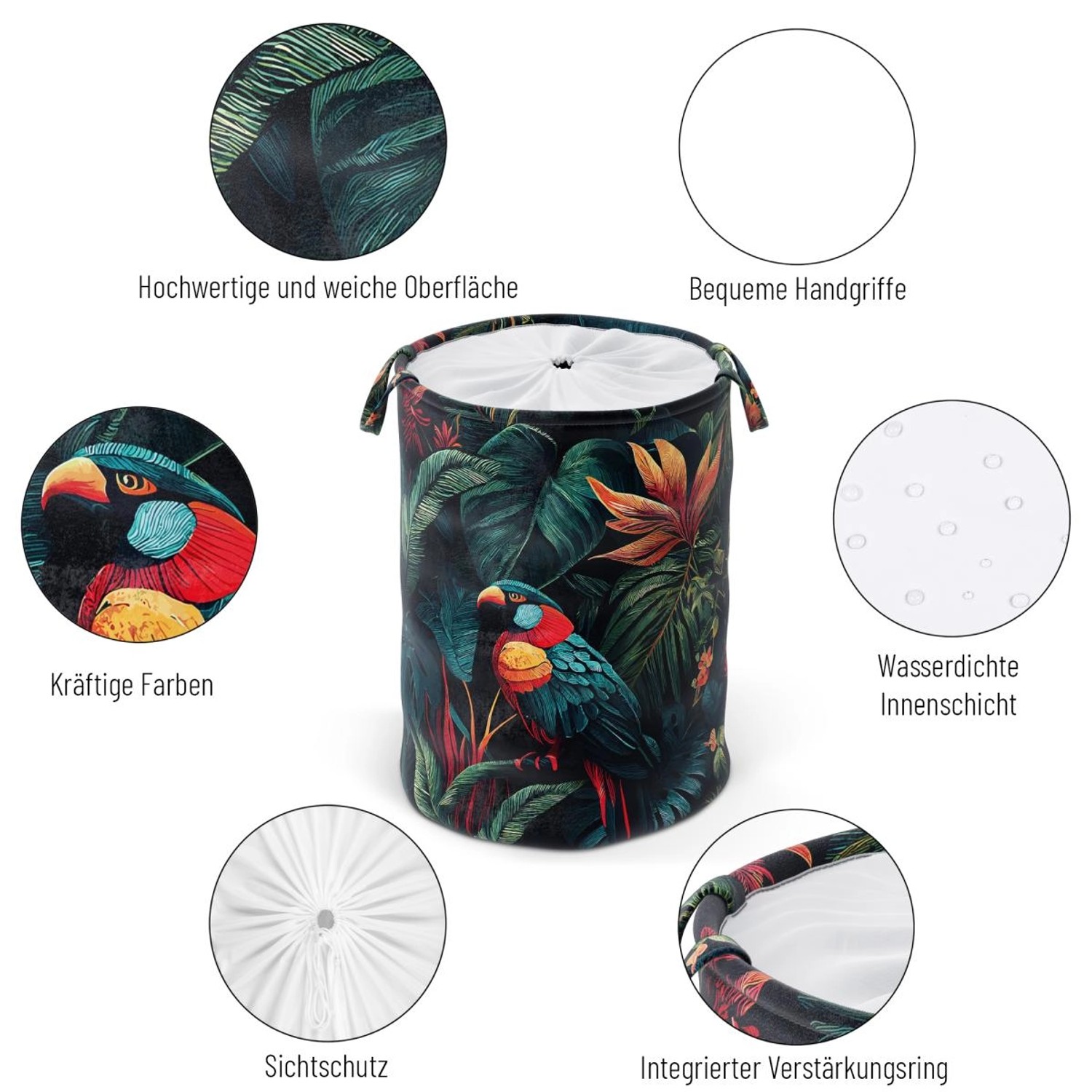 SANILO Wäschekorb Exotic mit tropischem Papageien-Motiv, ideal zur Aufbewahrung von Wäsche im Bad.