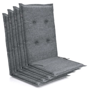 Vier graue Florence Hochlehner Auflagen für Gartenstühle, mit Knopfheftung und Befestigungskordeln. Bequeme Sitzkissen.