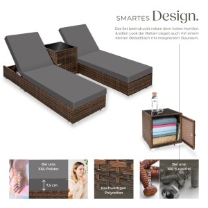 Tectake 2Er Set Aluminium Rattan Sonnenliegen  Wetterfest und Uv Beständig 5 Fach Verstellbare Rückenlehne  Dicke Des Polsters 7 5 cm  184 x 60 x 21 c