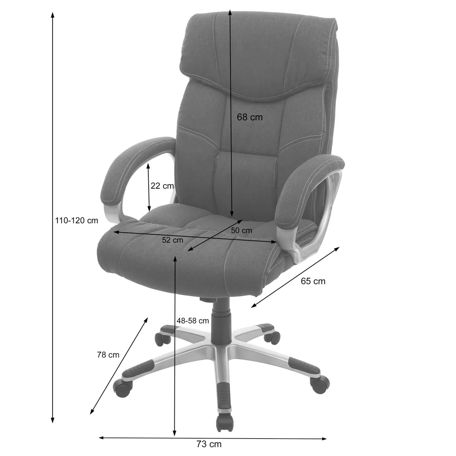 MCW Bürostuhl A71 in Taupe-Grau mit Maßen. Ergonomischer Drehstuhl mit Armlehnen und Rollen.