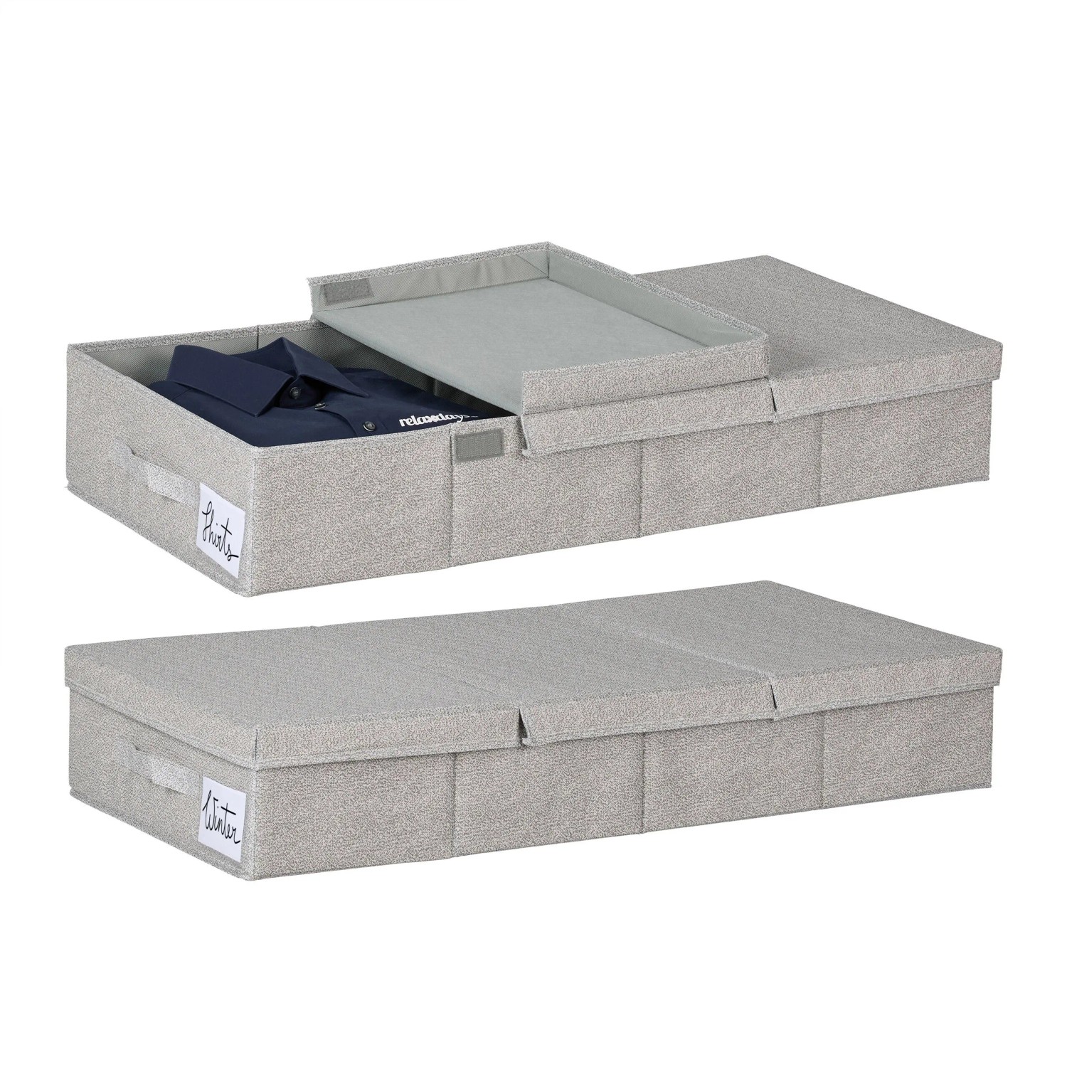 Relaxdays Unterbettkommode Vlies Grau Faltbar Klettverschluss 2er Set 15 cm x 80 cm x 40 cm