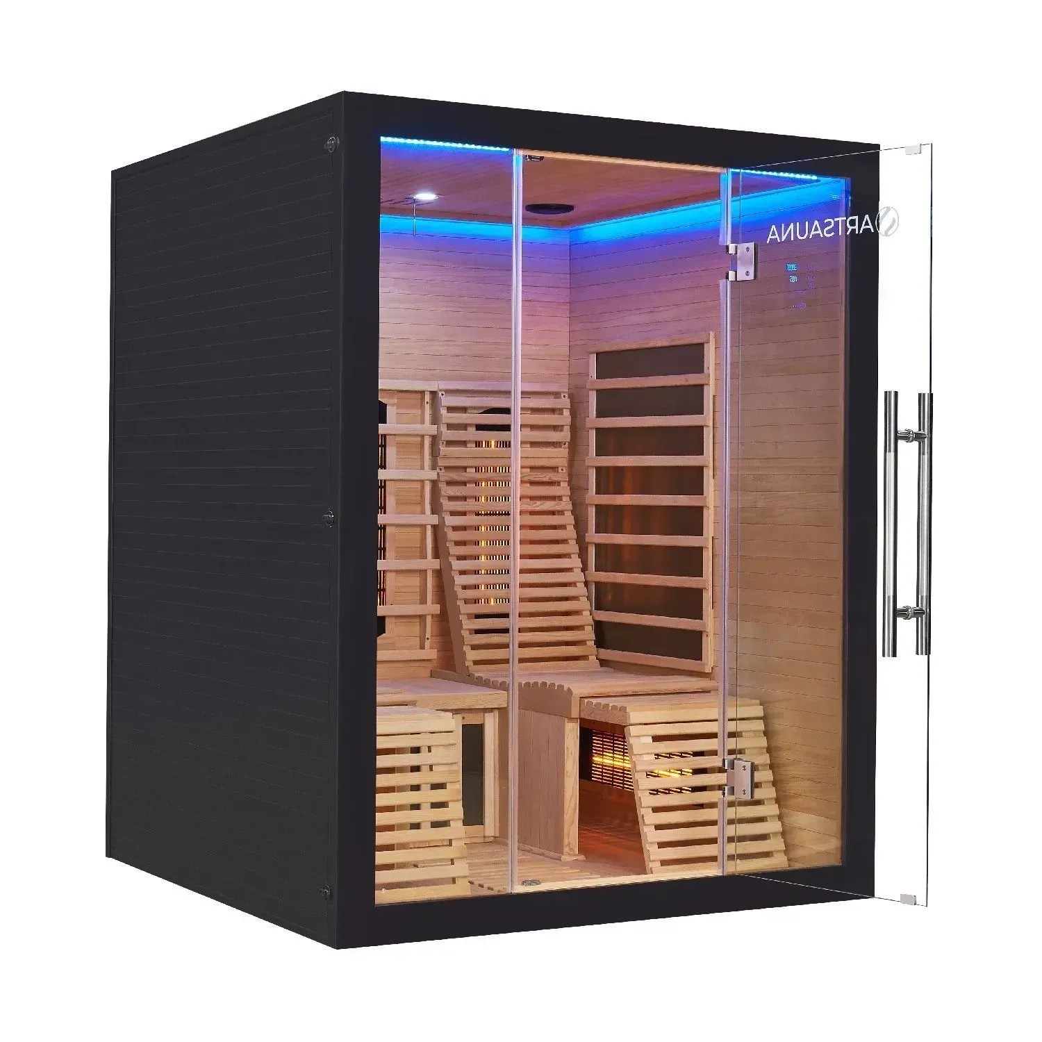 Artsauna Infrarotkabine Helsinki 150, schwarze Ausführung mit Hemlockholz und Glasfront. Innenraum mit Liegen und Sitzbank.