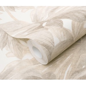 Erismann Vliestapete Forest Dreams mit Monstera-Blattmuster in Beige, Rollenansicht.