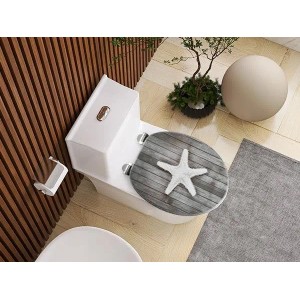 SINOBATH WC-Sitz mit Absenkautomatik, grauer Holzoptik und weißem Seestern-Motiv. Robuster MDF Holzkern für Ihr Bad.