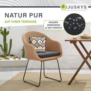 Juskys Gartenstuhl Cody 4er Set: Rattan-Look Stuhl mit Kissen und schwarzen Eisenbeinen.