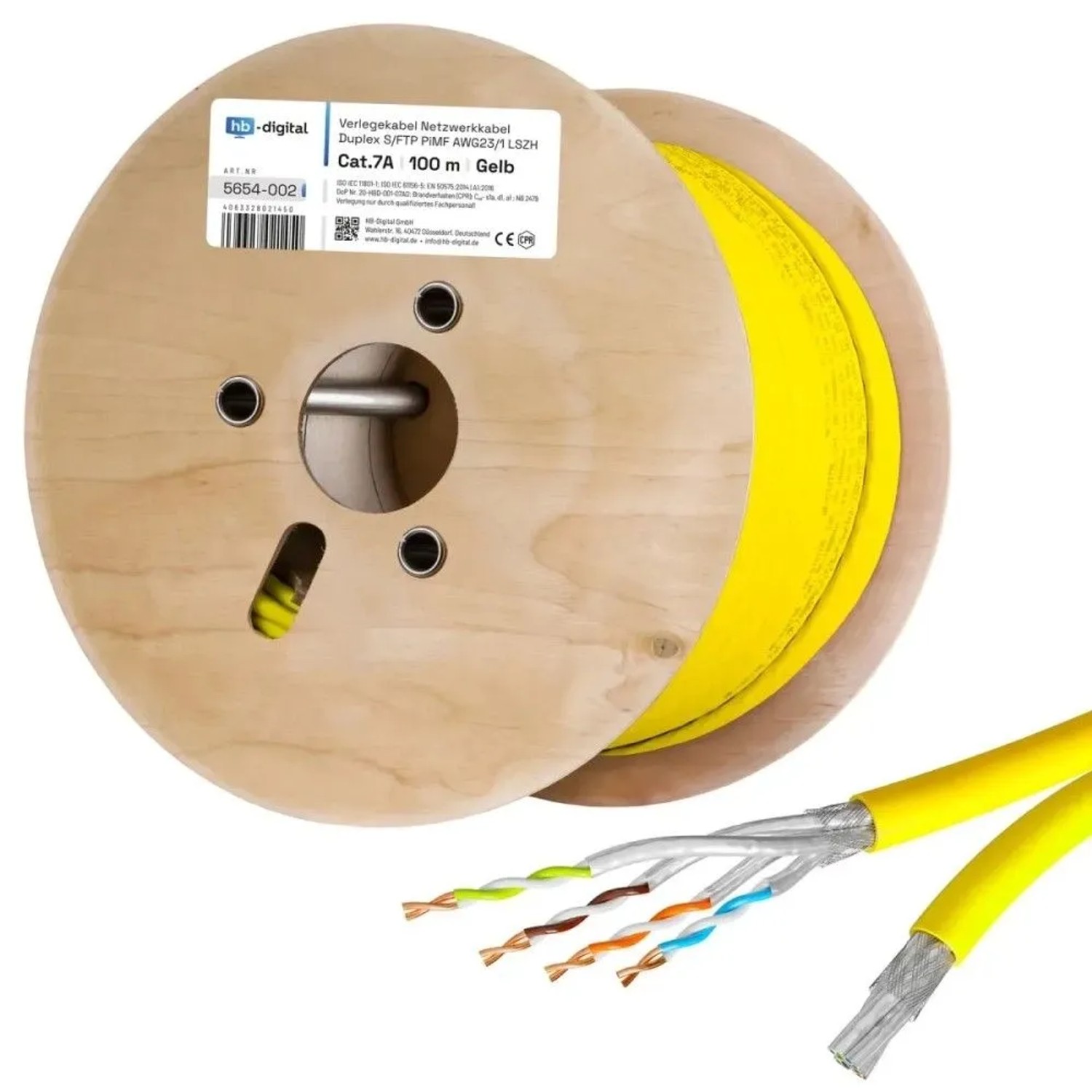 hb-digital CAT 7a Verlegekabel Duplex Installationskabel max. 1200 MHz S/FTP AWG23 LSZH 100m Gelb