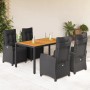 Schwarze 5-tlg. Garten-Essgruppe aus Polyrattan mit Tisch und Sesseln mit Kissen für Terrasse oder Garten.