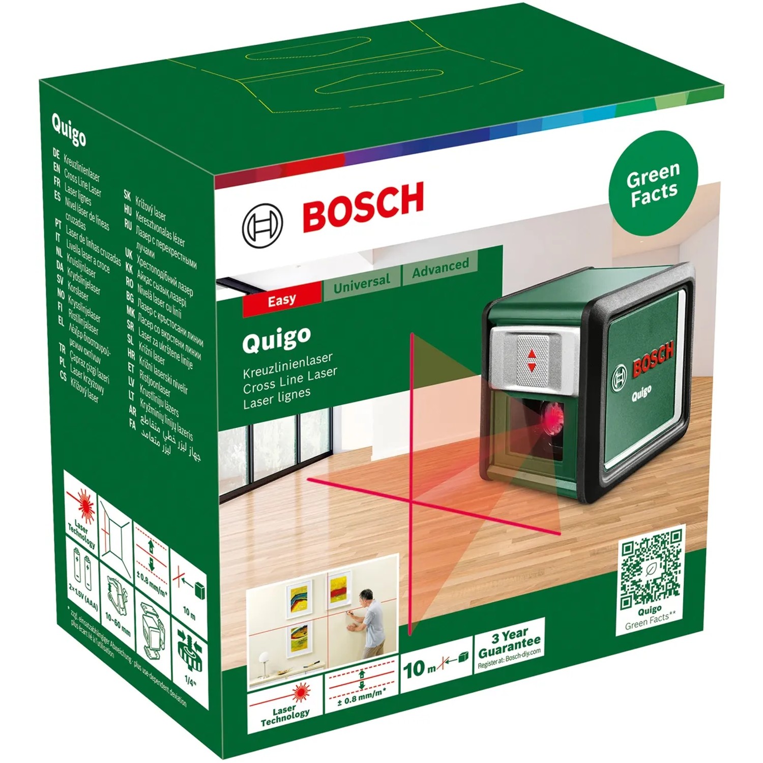 Bosch Quigo Kreuzlinienlaser mit MM 2 Universalklemme im Karton. Prüfwerkzeug für präzise Ausrichtung.