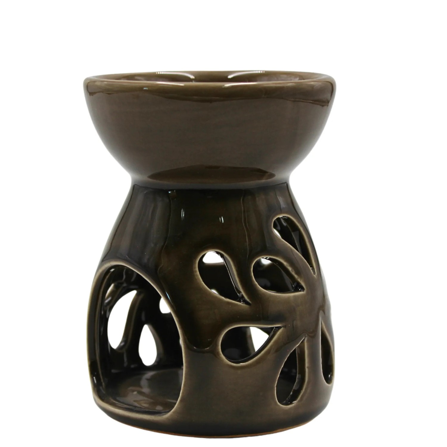 Braune Keramik Duftlampe mit glänzender Oberfläche und floralen Aussparungen. Ideal als Kerzenhalter und Aromalampe.
