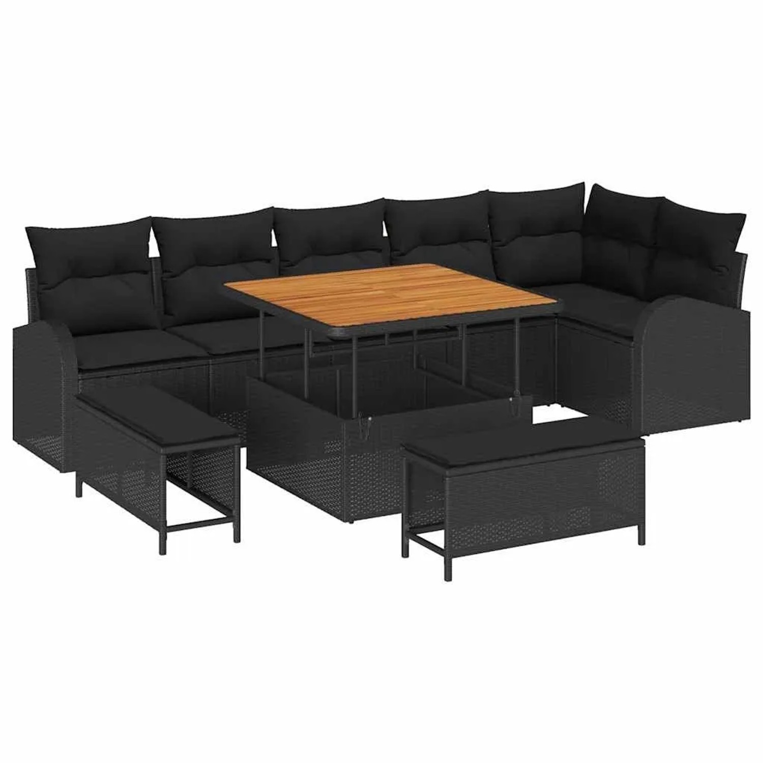vidaXL Garten-Sofa-Set mit Kissen mit Speicher 9-Tlg Schwarz 3364354