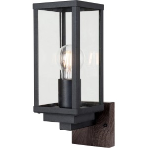 Klassische Eco-Light Außenwandleuchte Karo in Holzoptik mit schwarzem Metallrahmen und klarem Glas.