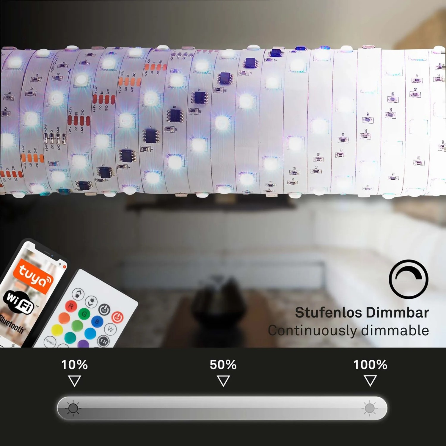 Brilo Wifi LED-Strip RGBIC 5m mit App, Fernbedienung und Dimmfunktion.