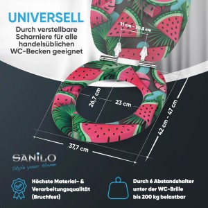 SANILO WC-Sitz Melone mit Absenkautomatik, Holz, mit Wassermelonen-Motiv und tropischen Blättern.