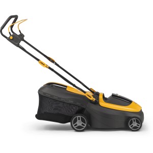 Stiga Akku-Rasenmäher Collector 140e mit Akku und Ladegerät. Rasenmäher in Schwarz/Gelb mit Fangkorb.