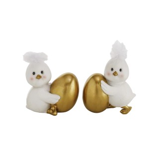 Boltze Figur Chicky, 2-fach sortiert, je ein weißes Küken mit goldenem Osterei, 11x7x10cm.