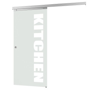 inova Glasschiebetür mit Kitchen Schriftzug, satiniert, Komplettset mit Softclose.
