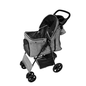 Monstershop Haustierwagen, gewebt grau, mit Regenabdeckung und Tasche. Ideal für den sicheren Hundetransport.