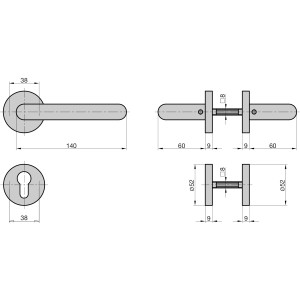 Technische Zeichnung: Basi Rosetten-Garnitur ZB 3100 Edelstahl U-Form für Profilzylinder-Türen.