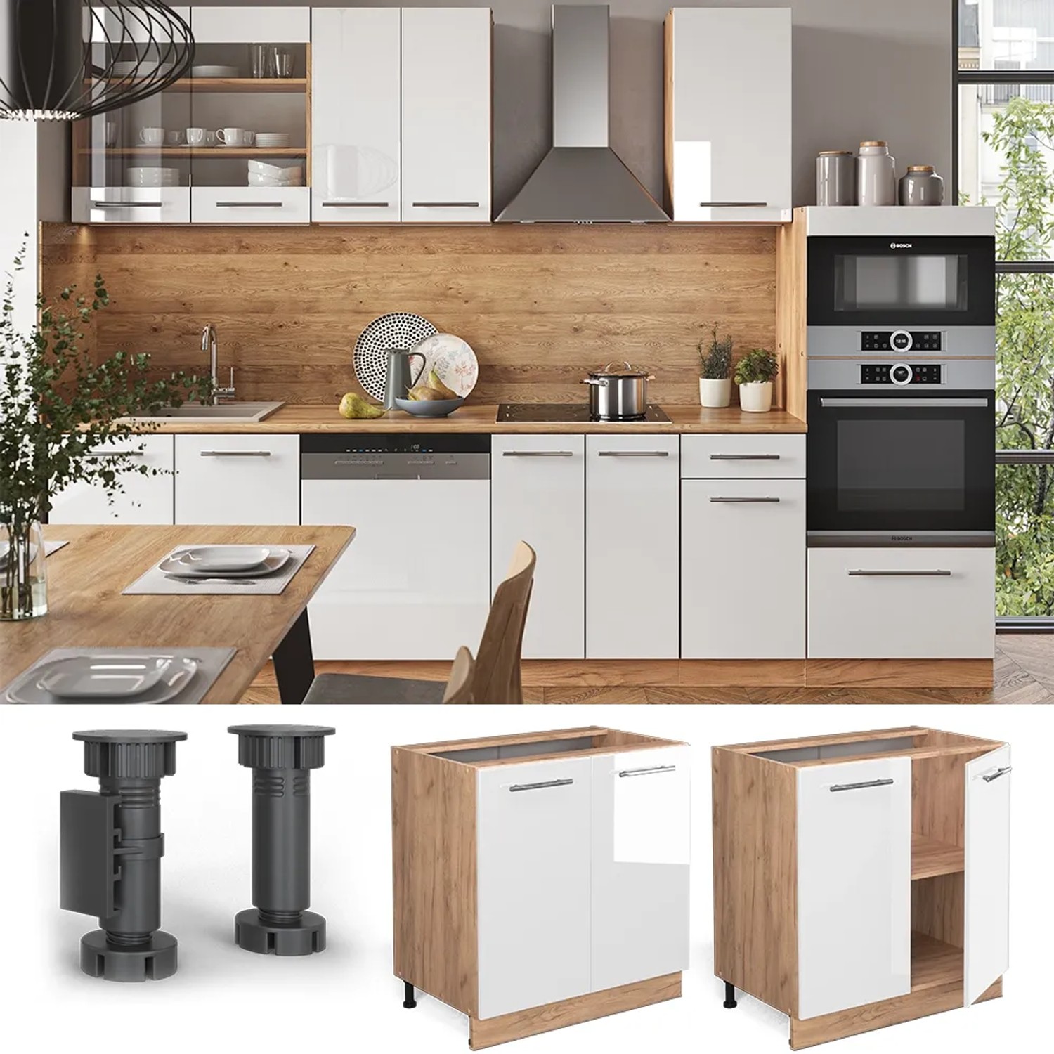 Vicco Spülenunterschrank Fame-Line, 80cm, Weiß Hochglanz/Goldkraft Eiche mit Marmor Arbeitsplatte.
