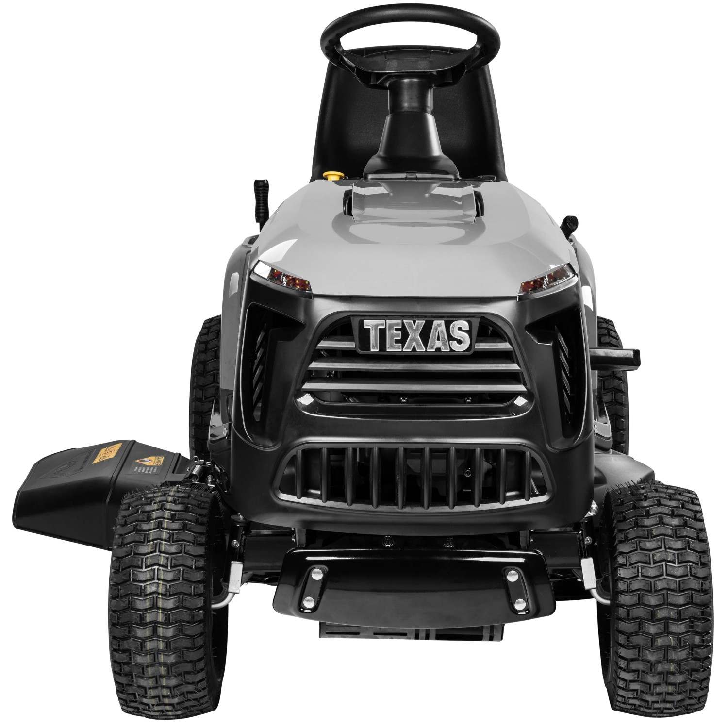 Texas Premium TTS98 Rasentraktor, Frontansicht. Rasenmäher mit Seitenauswurf und großem Lenkrad.