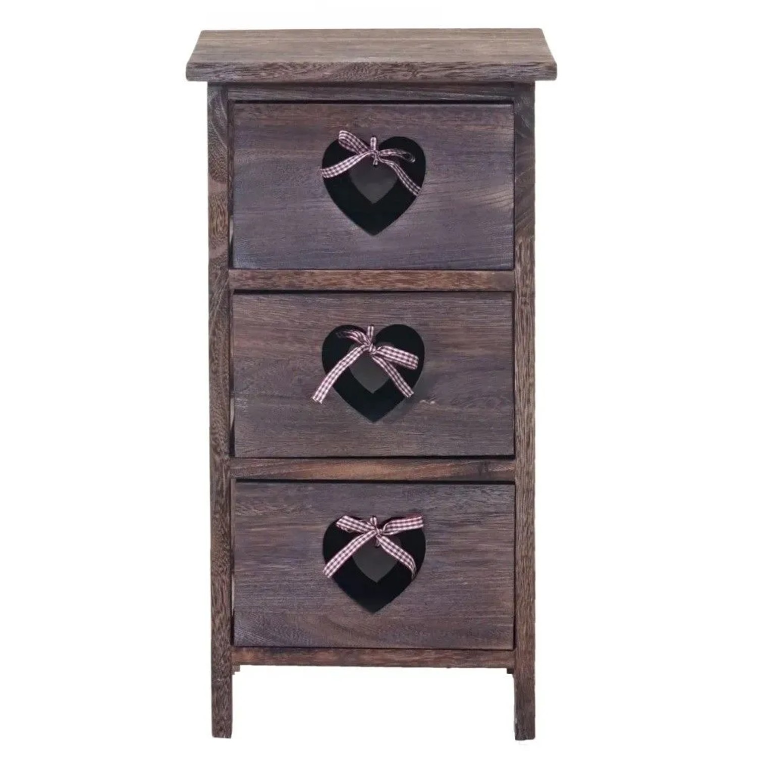 Dunkelbraune MCW Kommode Sues aus Paulowniaholz mit 3 Schubladen, Herzornamenten und karierten Bändern im Shabby-Look.