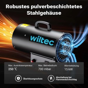 Schwarze Wiltec Gasheizkanone 15kW mit Tragegriff, robustem Stahlgehäuse. Heißluftausstoß und Lufteinzug sichtbar.