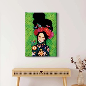 Buntes Leinwandbild: Frau mit Blumenkopf und Vögeln. Modernes Wandbild für Wohnzimmer & Co.