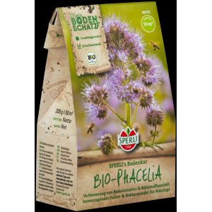 Sperli Gründünger Bio-Phacelia, 200g Packung mit blühender Pflanze und Bienen.